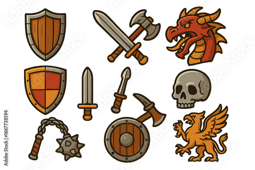 Various medieval icons with shields, weapons, and mythical creatures in artistic cartoon style, vector illustration on transparent background, ordered set of fantasy battle elements