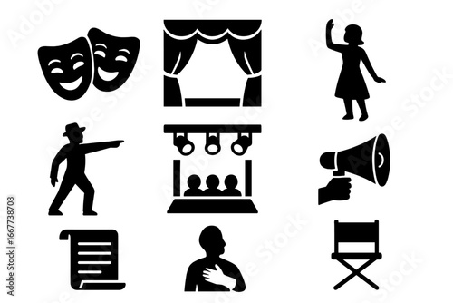 Theater and Performance Silhouette Icon Set with Drama Masks, Stage Curtains, Actors, Script and Director Chair, Acting and Stagecraft Symbols for Theater and Drama Arts