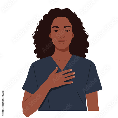 Woman with curly hair wearing blue shirt holding hand on chest vector illustration showing sincerity and calmness 
