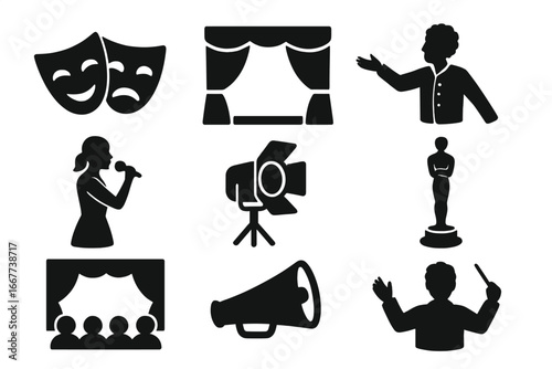 Theater and performance silhouette icon set, drama masks, stage curtain, actor, singer, spotlight, award statue, audience, megaphone, conductor, vector cartoon illustration collection