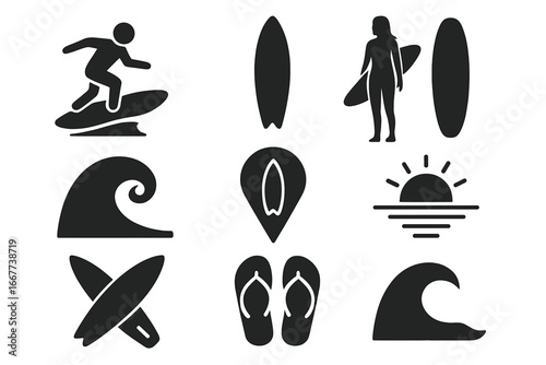 Surfing and beach life silhouette glyph icon set. Vector collection of summer sport symbols. Surfer, surfboard, ocean wave, sunset, flip flops and location pin illustrations.