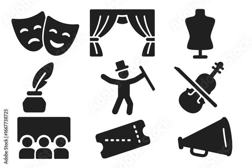 Theater and performance icon set with artistic entertainment symbols including comedy, drama, stage, audience, tickets, and musical instruments, vector cartoon illustration