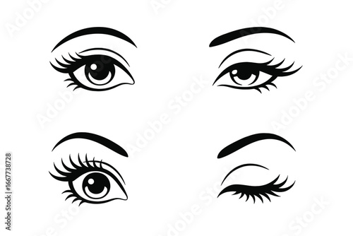 Woman eyes set with various expressions. Elegant long eyelashes and eyebrows for beauty salon logo. Makeup, mascara, and lash extension concept. Vector cartoon illustration.