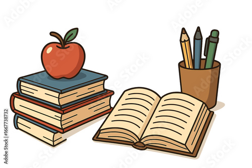 Writing tools and reading materials displayed on a clean surface emphasize love for literature and knowledge, including books, apple, and pencils, vector cartoon illustration