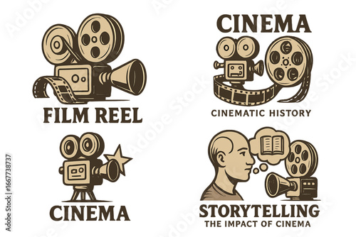 Vintage Film Reel and Cinema Camera Illustrations Showcasing Cinematic History, Storytelling Impact, Classic Movie Making, Retro Filmstrip Design, Vector Cartoon Set