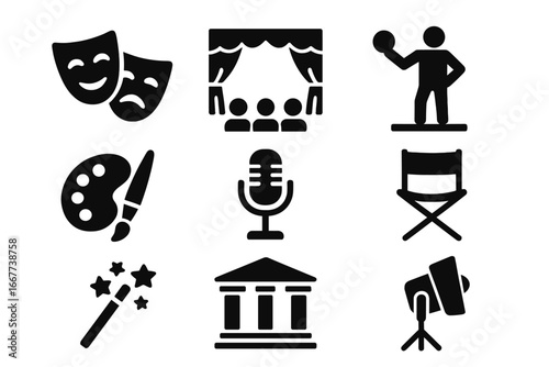 Theater and performing arts solid icon set, drama masks, stage performance, art palette, microphone, director chair, spotlight, magic wand, cultural entertainment vector illustration