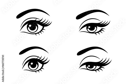 Woman eyes set with long eyelashes. Black and white vector illustration. Female eye and eyebrow design for beauty salon logo. Makeup, cosmetic, mascara, lash extension concept.