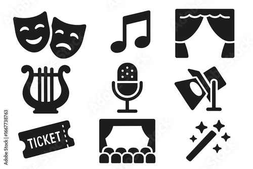 Theater and performing arts icon set, drama masks, music notes, stage curtains, entertainment symbols, microphone, lyre, ticket, spotlight, magic wand vector illustrations