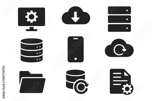 Data management glyph icon set. Cloud computing, server storage, and database backup symbols. Technology pictograms for software and web. File sync, folder, and settings.