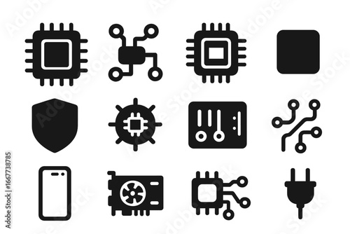 Technology solid icon set. Electronics and computer hardware concept. Vector icons of CPU, microchip, processor, circuit board, security shield, and graphics card.