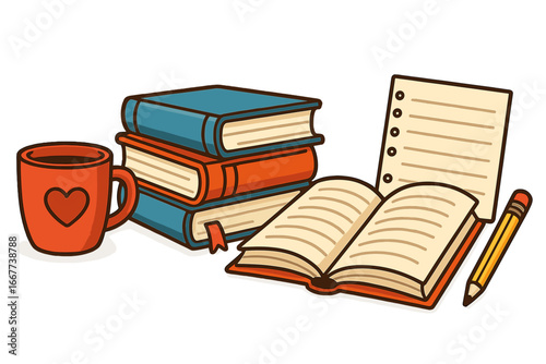 Writing tools and reading materials on clean surface emphasizing love for literature, knowledge, education, study, creativity, coffee cup, books, notebook, pencil, vector cartoon illustration