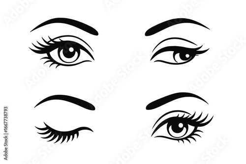 Set of female eyes with various expressions. Long eyelashes and eyebrows. Beauty salon logo and makeup artist icon. Lashes extension graphic element. Glamour look vector.