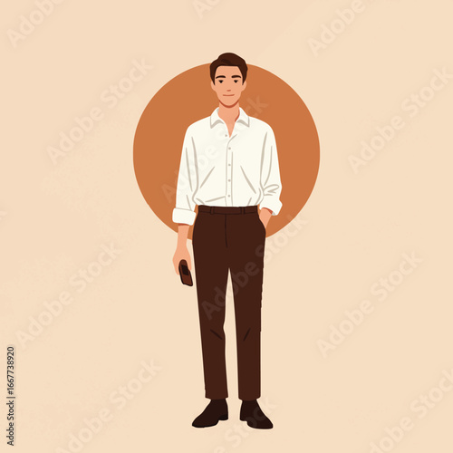 Young man standing with casual posture in white shirt and brown pants vector illustration in minimal style 