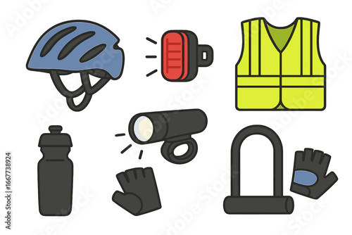Essential bike accessories for safe urban cycling. Vector icon set with helmet, lights, safety vest, lock, water bottle, and gloves. Bicycle equipment for road safety.