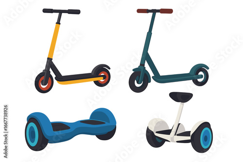 Modern electric scooters and hoverboards collection in colorful vector cartoon style, stylish design layout featuring various shapes and colors on transparent background