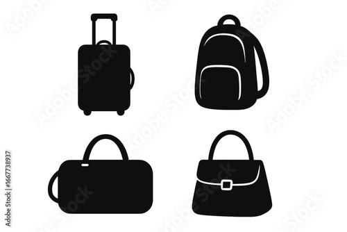 Travel and tourism luggage and bag icon set, stylish suitcase, backpack, duffel bag, and handbag silhouettes, vector cartoon illustrations with transparent background, 4 ordered pieces