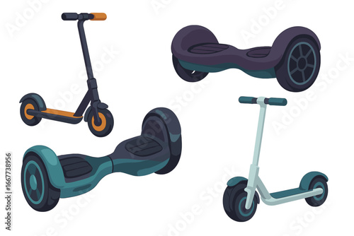 Modern Electric Scooters and Hoverboards Collection, Stylish Vector Cartoon Illustration with Various Shapes and Colors on Transparent Background for Urban Transport