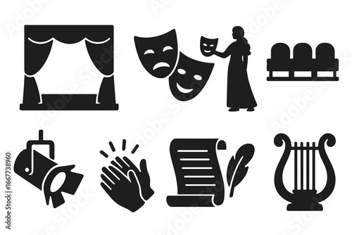 Theater performance silhouette icon set. Drama stage elements. Vector collection with curtain, tragedy and comedy masks, actress, applause, spotlight, script, and lyre.