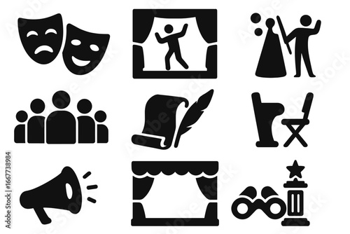 Theater performing arts silhouette icon set. Drama, tragedy, comedy mask, actor on stage, audience, award and play symbols. Vector entertainment graphic elements collection.