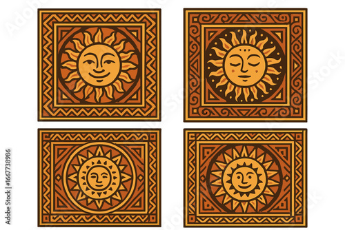 Traditional geometric sun patterns with intricate ethnic designs, cultural artistry and decorative tribal motifs, vibrant vector illustration on transparent background