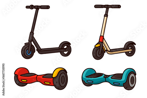 Modern electric scooters and hoverboards in vibrant colors and stylish designs, cartoon vector illustration on transparent background, urban personal transport and mobility devices