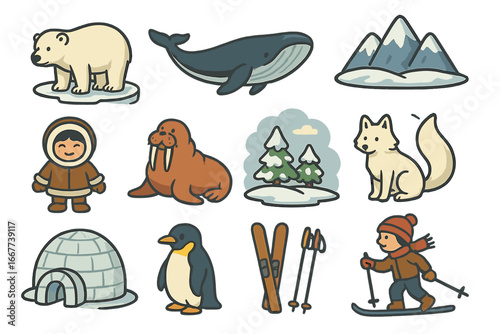 Unique Arctic themed icons collection showcasing Arctic wildlife, snowy landscapes, winter activities, Eskimo culture, and skiing gear in a charming cartoon vector style on transparent background