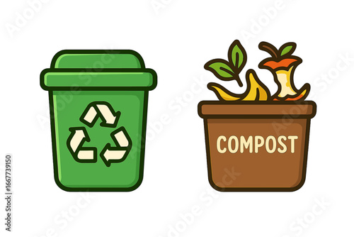Recycling and composting icons representing sustainable eco-friendly lifestyle practices, environmental conservation symbols, vector cartoon illustration set on transparent background