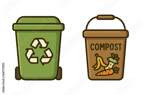 Recycling and Composting Icons Representing Sustainable Eco-Friendly Practices for Waste Management and Environmental Care. Vector Cartoon Set on Transparent Background