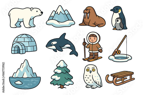 Unique collection of Arctic-themed vector icons showcasing polar wildlife, snowy landscapes, traditional Inuit activities, ice fishing, winter sports, and festive winter scenes in cartoon style