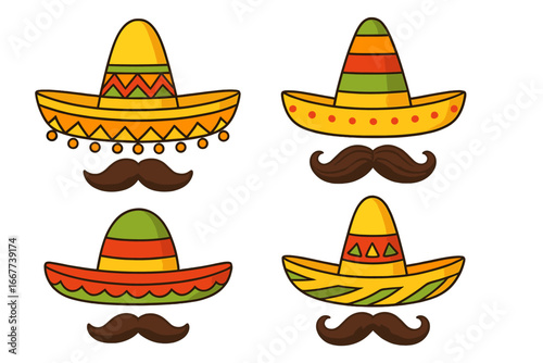 Unique colorful sombrero and mustache designs for festive celebrations and cultural events, Mexican traditional hats, festive attire, cartoon vector illustration set on transparent background