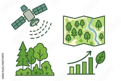 Satellite technology mapping forest areas and vegetation changes for environmental sustainability, green earth monitoring, nature conservation, and eco-friendly growth illustration vector
