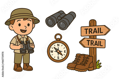 Boy scout explorer with adventure gear set. Cute cartoon character with binoculars, compass, hiking boots, and wooden trail sign. Concept for camping, hiking, and travel.