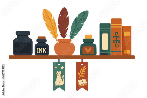 Unique Stationery Collection with Ink Bottles, Colorful Quills, Artistic Bookmarks, and Vintage Books Displayed on Wooden Shelf in Creative Workspace Vector Illustration