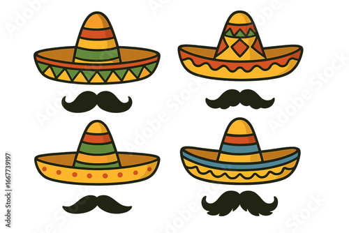 Unique colorful sombrero and mustache designs for festive celebrations and cultural events, Mexican traditional hats and facial hair illustrations, vibrant vector set on transparent background