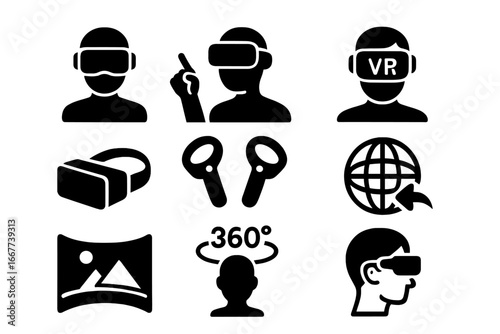 Virtual reality solid icon set. VR headset, controller, and 360 view glyphs. Metaverse, immersive technology, and simulation pictograms. Cyberspace vector symbols.