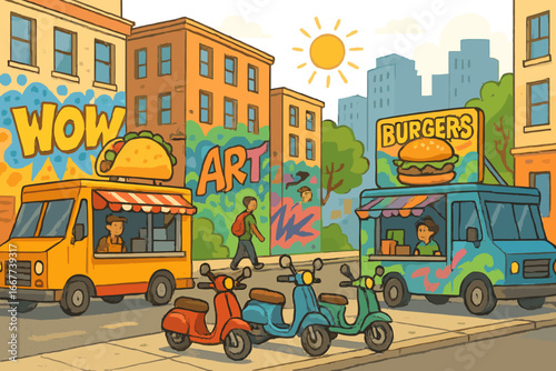 Vibrant urban street scene with colorful food trucks, scooters, graffiti art, sunlit city life, lively outdoor market, vector cartoon illustration