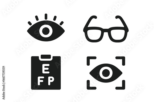 Vision and ophthalmology solid glyph icon set. Eyewear, eye test chart, glasses, and biometric eye scan symbols. Optometry and eyesight vector cartoon illustration collection.