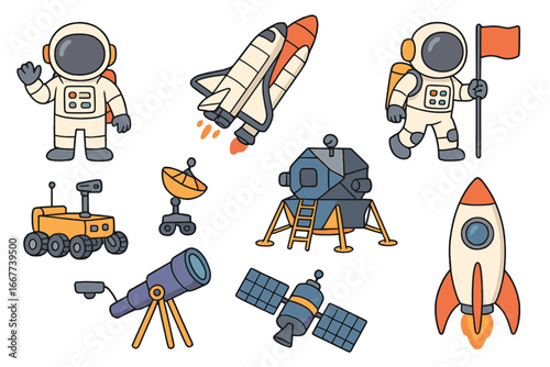 Colorful vector illustration of space exploration equipment and astronaut characters with rocket, lunar module, satellite, rover, and telescope, cartoon style set on transparent background