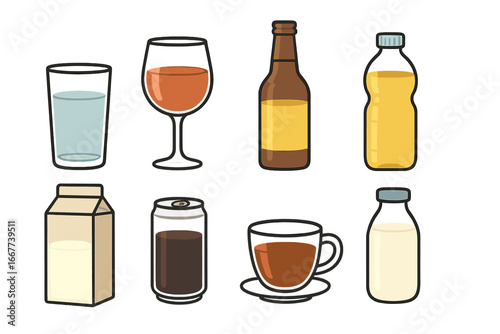 Various container shapes and types illustrating different liquids and beverages in minimalist vector cartoon style with transparent background, diverse drink containers collection