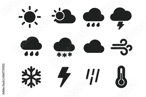 Weather forecast glyph icon set. Solid black symbols for meteorology app UI. Climate elements collection with sun, rain, cloud, storm, snow, wind, and temperature icons.