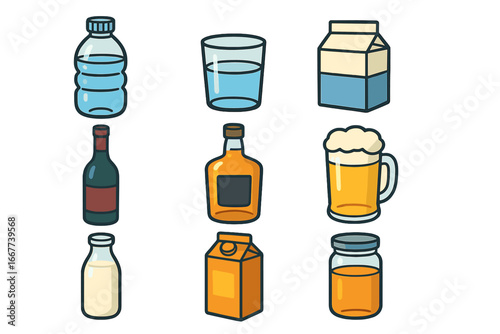 Various container shapes and types illustrating different liquids and beverages in a minimalist vector cartoon style with transparent background, including bottles, cartons, jars, and glasses