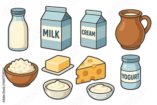 Various Dairy Products and Containers in Modern Cartoon Style on Transparent Background, Milk, Cream, Butter, Cheese, Yogurt, Cottage Cheese Illustration Set