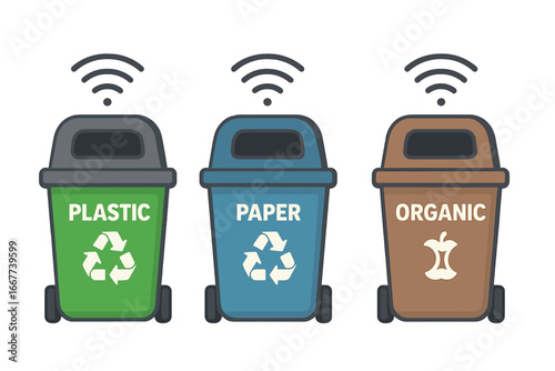 Smart Recycling Bins with Wireless Technology for Efficient Urban Waste Management, Eco-Friendly Plastic, Paper, and Organic Sorting, Vector Cartoon Set