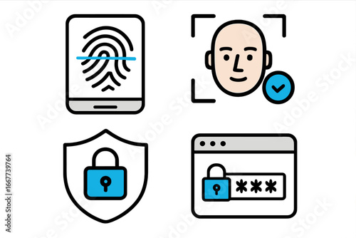 Technology symbols representing modern security features including fingerprint scanning, facial recognition, secure password entry, and data protection icons, vector cartoon illustration