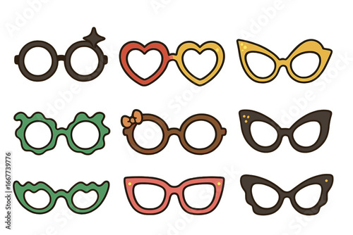 Various Styles of Decorative Eyeglasses Vector Cartoon Illustration Featuring Modern Design, Unique Shapes, Colorful Frames, and Embellishments on Transparent Background