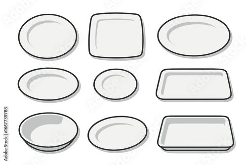 Various styles of white plates with black rims in minimalist layout showcasing modern and classic designs for dining, kitchenware collection, vector cartoon illustration set on transparent background