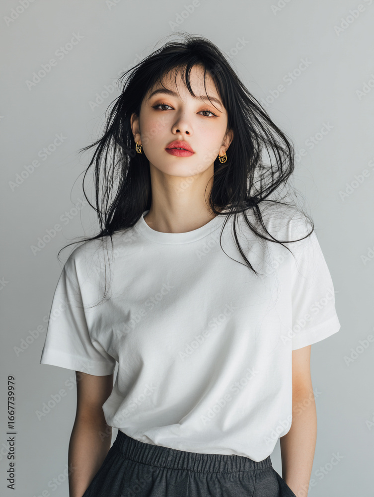 Fototapeta premium A beautiful female model wearing a white t-shirt. A product shot for fashion and apparel. best use for mockup.