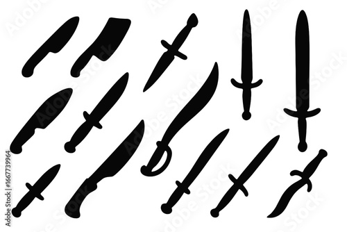 Weapon silhouette icon set of knives, swords, and daggers in sleek vintage style, vector cartoon illustration with transparent background, orderly arranged collection of sharp blades