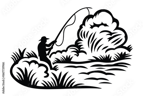 Silhouette Fisherman Holding Fishing Rod With Bushes White Background