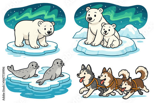 Winter wildlife in the Arctic featuring polar bears with cubs, playful seals on ice floes, and energetic sled dogs under vibrant northern lights auroras, vector cartoon illustration
